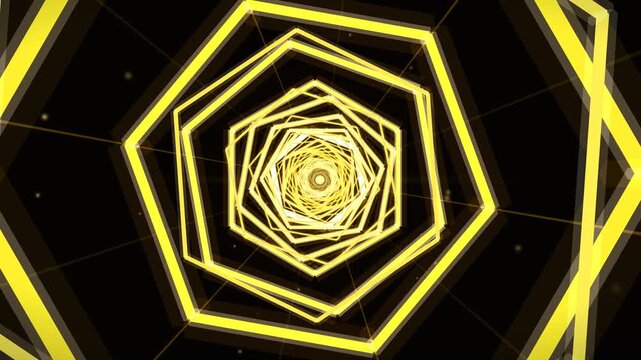 Vibrant Yellow Hexagonal Tunnel Loop with Glowing Geometric Frames