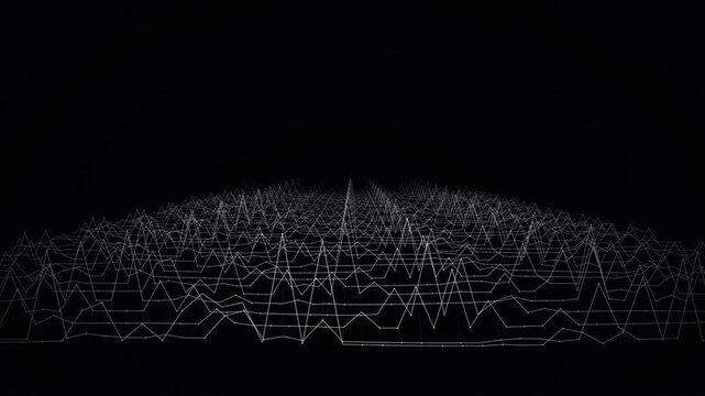 Dynamic 3D wireframe grid plane on a black background. The geometric lines and nodes sharply bounce and ripple upward like an audio frequency spectrum visualizer. Clean, minimalist monochromatic tech 