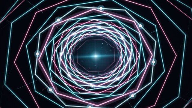 Futuristic neon geometric tunnel rings rotating and pulsing with