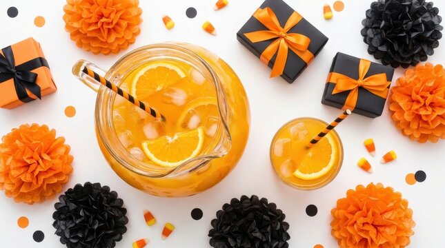 Refreshing orange punch cocktail with citrus slices ice cubes and striped straws sits alongside festive halloween party gift boxes above