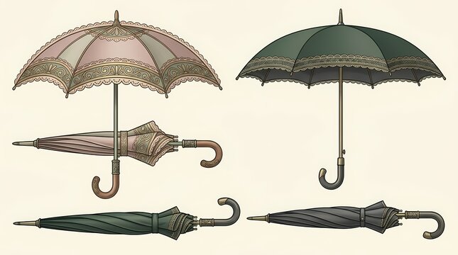 Vintage style Victorian parasol collection featuring intricate lace edges and curved wooden handles for classic fashion accessories or historical reenactment theater costume design project
