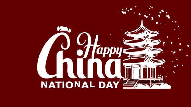 Happy China National Day White Text Animation with Dragon and Pagoda 