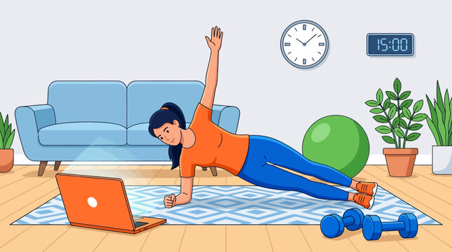 Active Woman Doing Side Plank Exercise at Home Flat Illustration Following Online Workout on Laptop ideal for health blogs and perfect for home fitness app marketing.