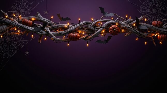 Rustic twisted wood branches decorated with small orange pumpkins glowing fairy lights black bats and spiders against dark purple background