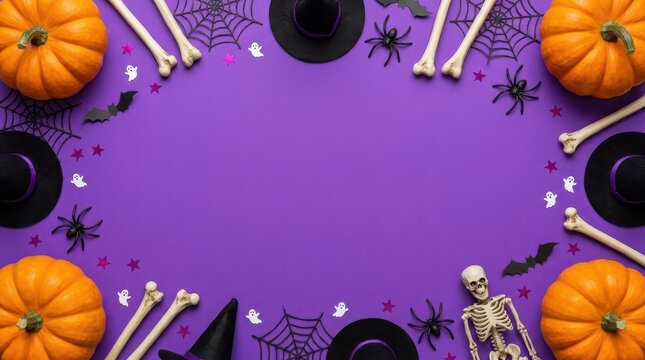 Spooky Halloween flat lay featuring vibrant orange pumpkins, white bones, black spiders, witch hats, and purple background with empty copy space