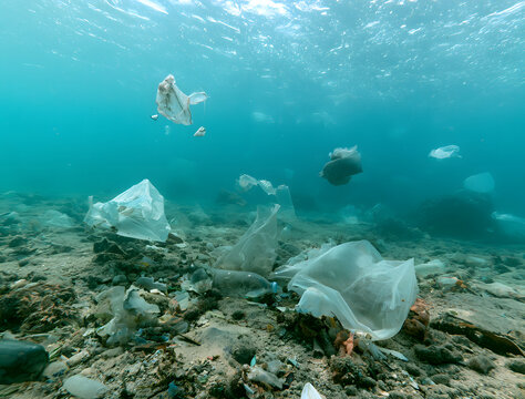 The ocean floor is strewn with floating plastic bags, bottles, and trash, leading to underwater marine pollution. This waste fills the sea water and seabed, contributing to an ecological crisis. Accum