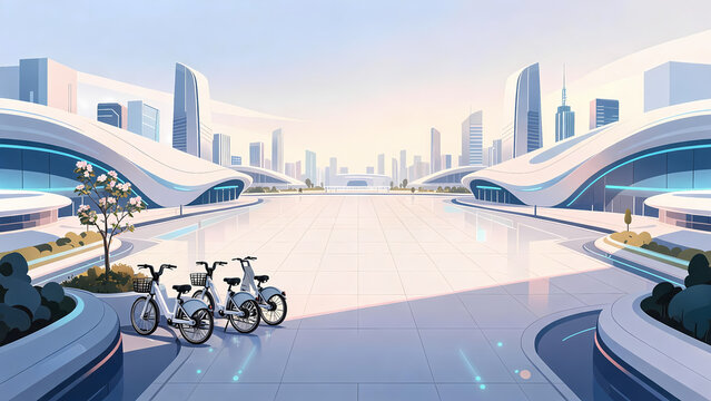 Future city plaza with white shared electric bikes and flowering tree against sleek modern skyline