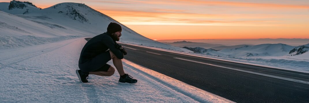 Traveler pauses on icy road during mountain sunset