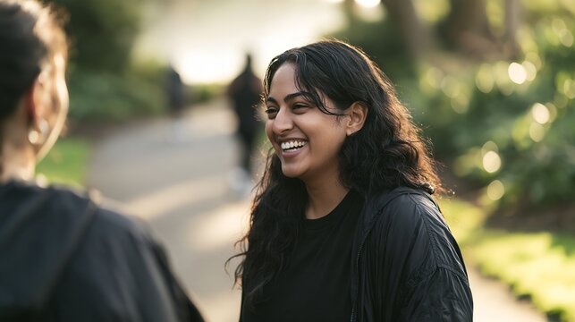 Two people sharing a happy moment on a sunlit park path