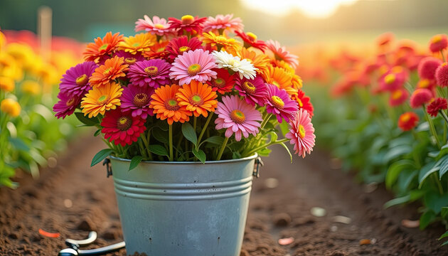 Bucket of freshly cut zinnias on a flower farm row