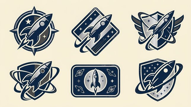 Set of vintage rocket ship emblems featuring exploration travel motifs and orbital trajectory pathways suitable for adventure branding projects and space themed merchandise labels for commercial