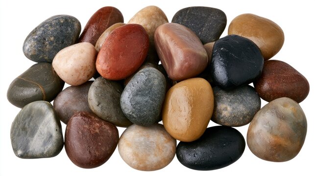 Variety of smooth colorful river stones and pebbles isolated on white background