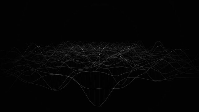 Abstract futuristic topographic map animation. A glowing thin white wireframe mesh forming high mountain-like peaks and deep valleys on a dark void background. Smooth slow-motion camera flyover, repre