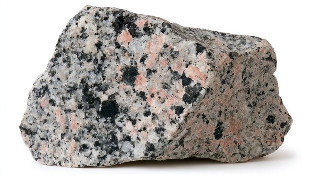Natural granite rock specimen with coarse-grained minerals isolated on a white background