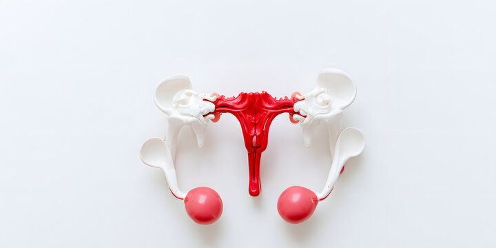 A medical education-focused, gynecology study aid featuring a model of an anatomical uterus with ovaries on a white background, suitable for reproductive health education