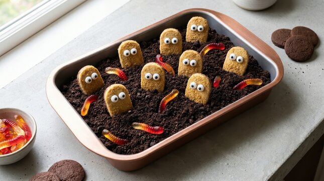 Spooky cemetery dirt cake dessert featuring edible gravestones with googly eyes and gummy worms inside
