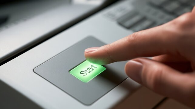 Close-up of a finger pressing a glowing green start button on a machine
