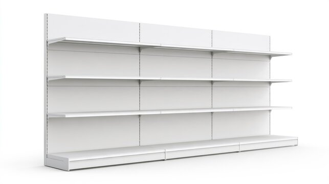 Empty white retail supermarket display shelves mockup, blank store racks for product presentation, 3D render