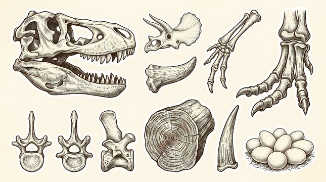 Set of scientific sketches showing ancient prehistoric dinosaur skeleton remains including skulls teeth limbs vertebrae and fossilized nests for paleontological education and museum study