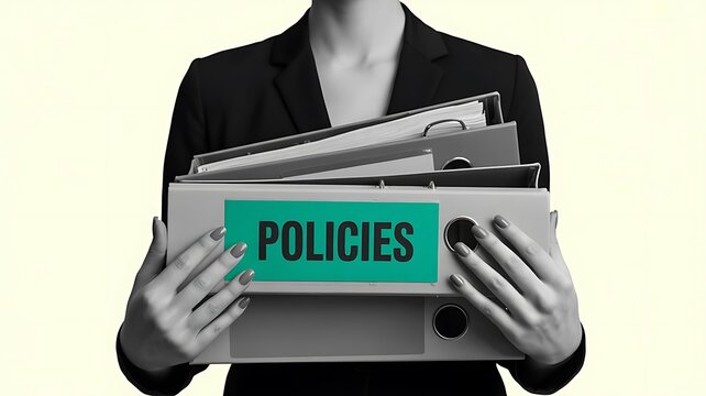 Woman in a black suit holding grey office binders with a teal label marked policies, close up shot on a neutral background, business