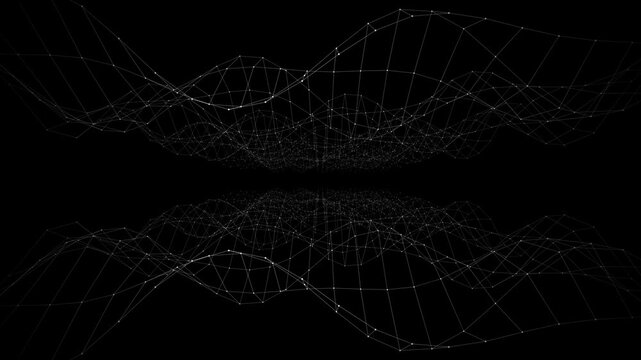 A seamless looping animation of a 3D monochrome wireframe terrain tunnel. Top and bottom waving grids with connecting white nodes, moving infinitely forward through a pitch-black void.