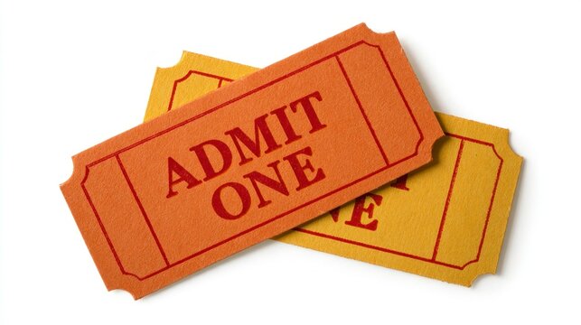 Two admit one admission tickets in orange and yellow isolated on white background