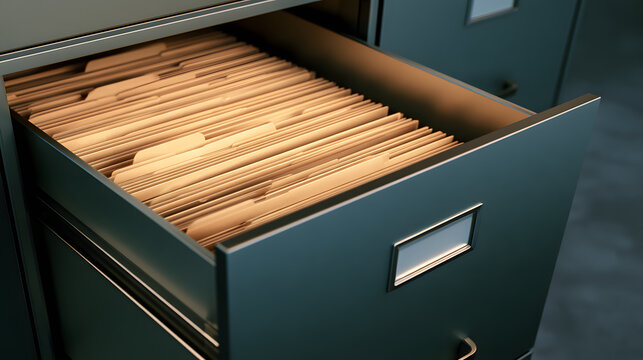 The drawer of a modern filing cabinet, which houses neatly stacked manila folders for business record management, needs to be opened