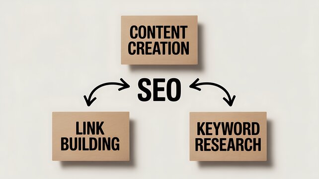 Seo strategy with content creation, keyword research and link building concepts