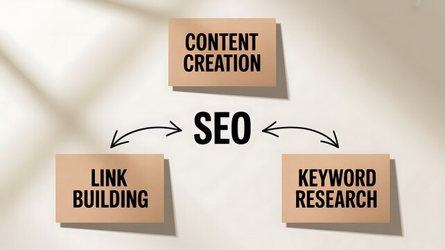 Seo strategy with content creation, keyword research and link building concepts