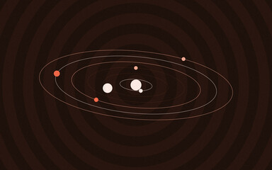 Stylized solar system diagram with red and white planets on dark brown radial ring backdrop. © Gias