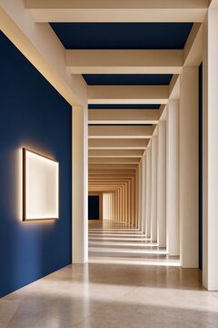 Long modern hallway with cream columns and navy blue ceiling, warm ambient lighting, clean architectural lines, minimalist interior design