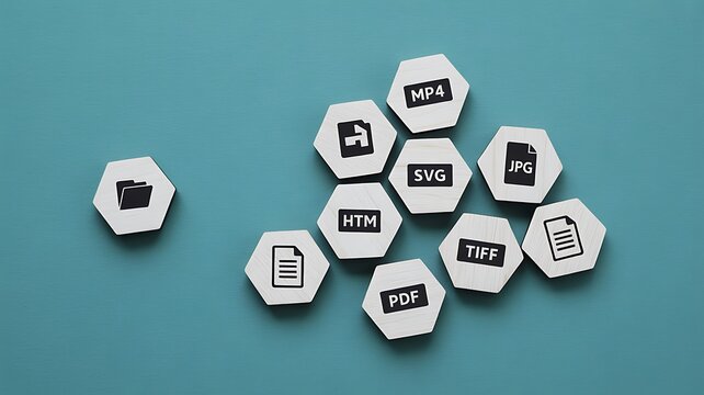 Digital file format icons arranged on blue background for document and media management
