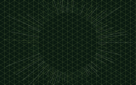 Abstract geometric isometric grid pattern with green glowing radial lines for digital graphic art.