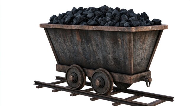 Vintage rusty mine cart filled with black coal chunks on railway tracks, isolated on white background