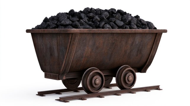 Rusty vintage mine cart filled with black coal on tracks, isolated on white background