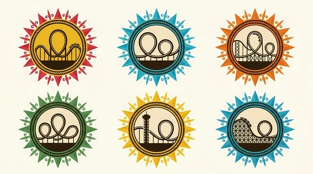 Colorful circular carnival roller coaster ride badges depicting exciting amusement park thrill attractions for summer vacation travel event promotion marketing templates and adventurous souvenir