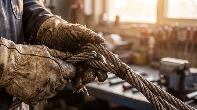 Industrial rigger splicing a heavy duty steel wire rope cable wearing protective leather gloves, generative AI