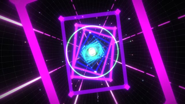 Futuristic neon light tunnel with glowing rectangular frames and grid