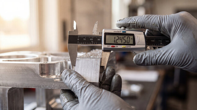 Precision machinist measuring a CNC milled aluminum component using a digital caliper tool, generative AI