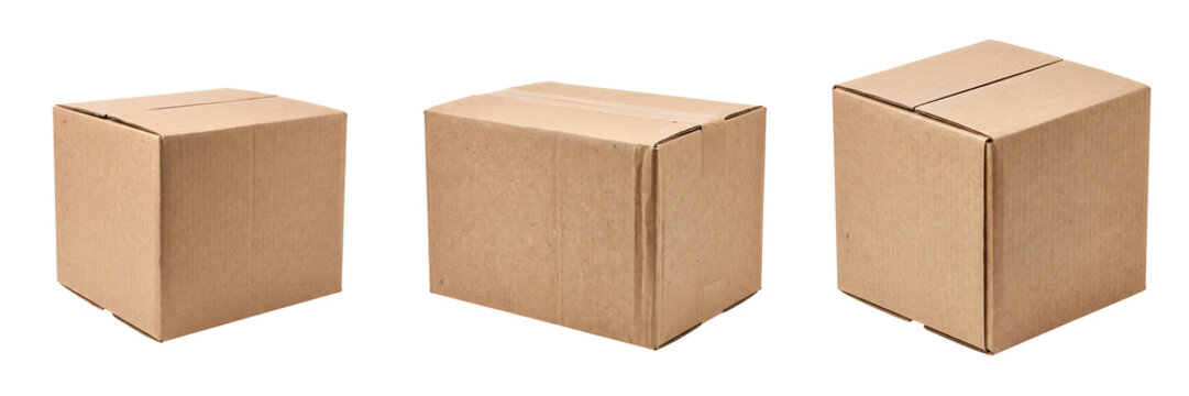 Three closed brown cardboard boxes, empty and ready for shipping, isolated on transparent background