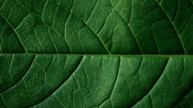 Macro Close-Up of a Vibrant Green Leaf Revealing Intricate Vein Patterns and Natural Texture