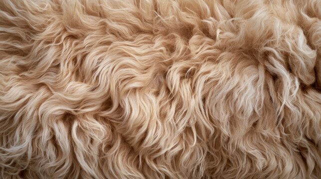Close-up of soft wavy light brown animal fur texture, natural fluffy long wool background