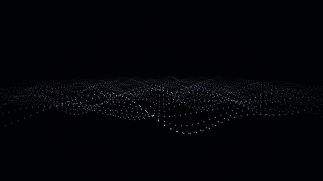Abstract minimalist motion background. The connecting lines disappear, leaving only a dense wave of glowing white nodes (dots) on a black background. The points flow and ripple smoothly like a digital