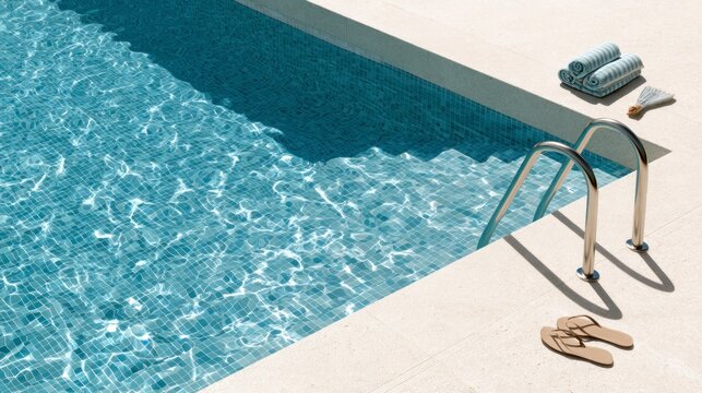 Luxury swimming pool with crystal clear blue water, stainless steel ladder, towels and flip-flops on a sunny day