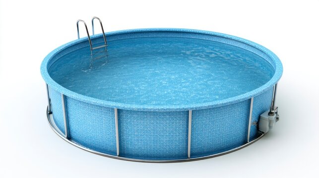 Blue Round Above-Ground Swimming Pool with Ladder and Filter System Isolated on White Background