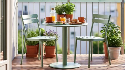 Obraz premium Relaxing balcony breakfast scene with greenery