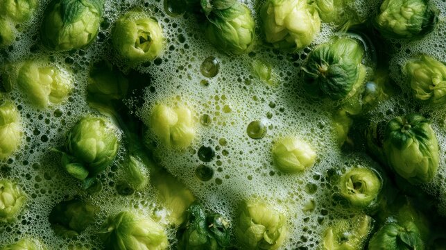 Fresh green hop cones brewing in a bubbly craft beer wort, close-up top view of the beer making process.