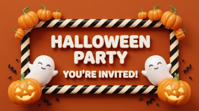 Halloween party invitation featuring cute white ghosts and glowing orange pumpkins rendered in a modern three dimensional glossy artistic style