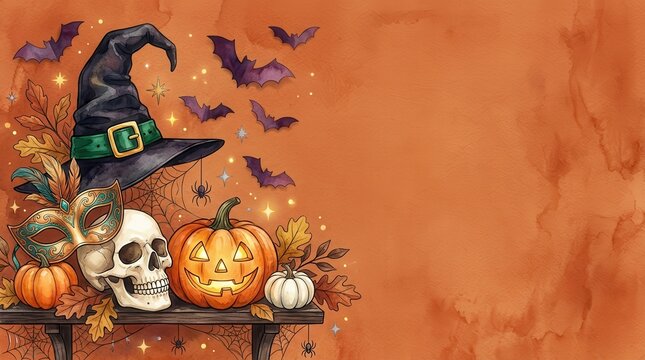 Festive Halloween watercolor illustration featuring a detailed witch hat, creepy skull, ornate mask, and glowing carved jack-o'-lantern on wooden table
