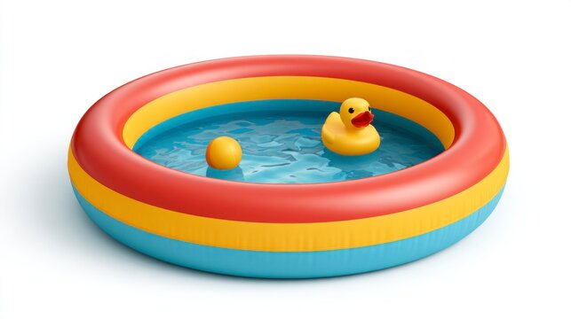 Colorful Inflatable Kiddie Pool with Rubber Duck and Ball Floating in Water Isolated on White Background